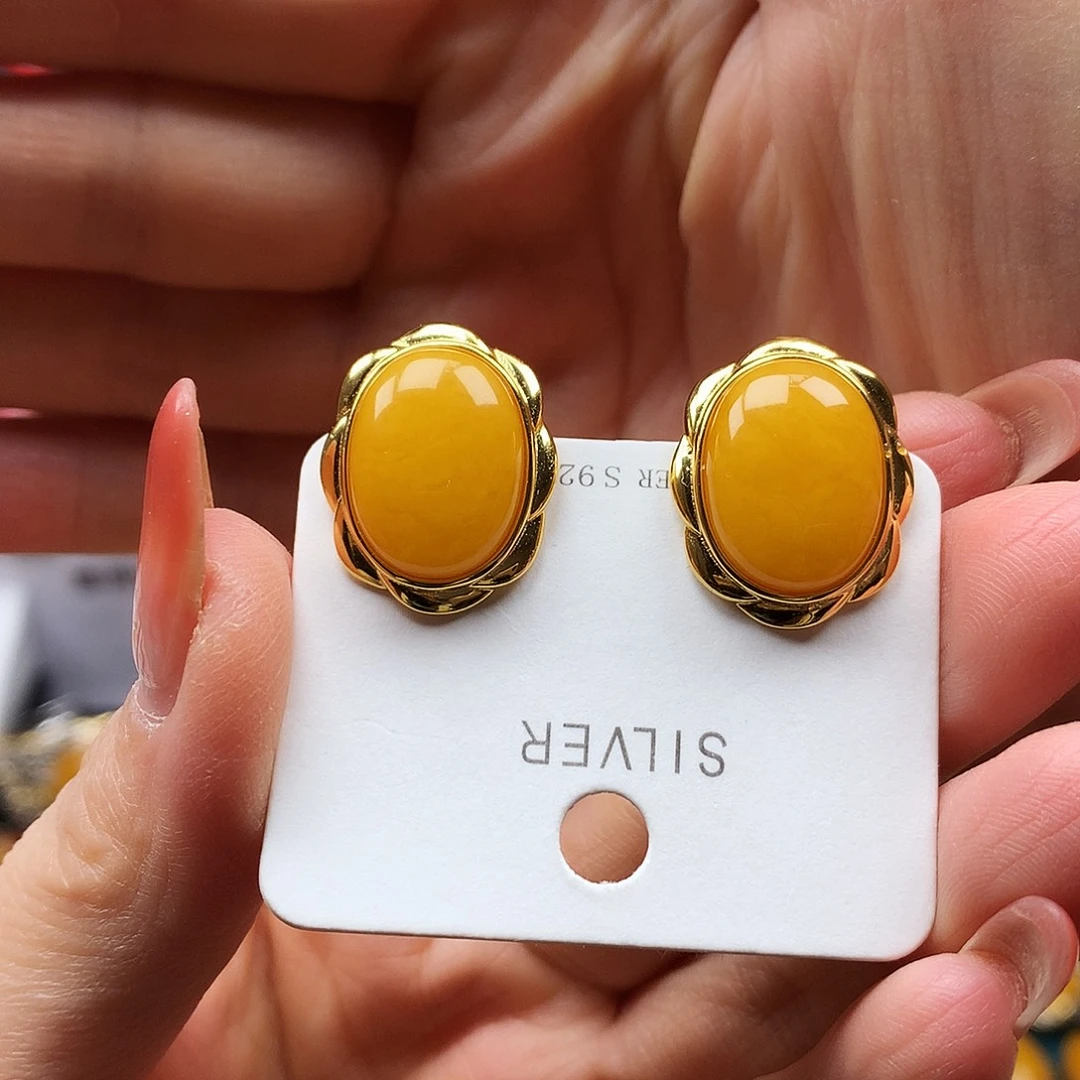 蜜蜡银S925镶嵌耳饰耳钉