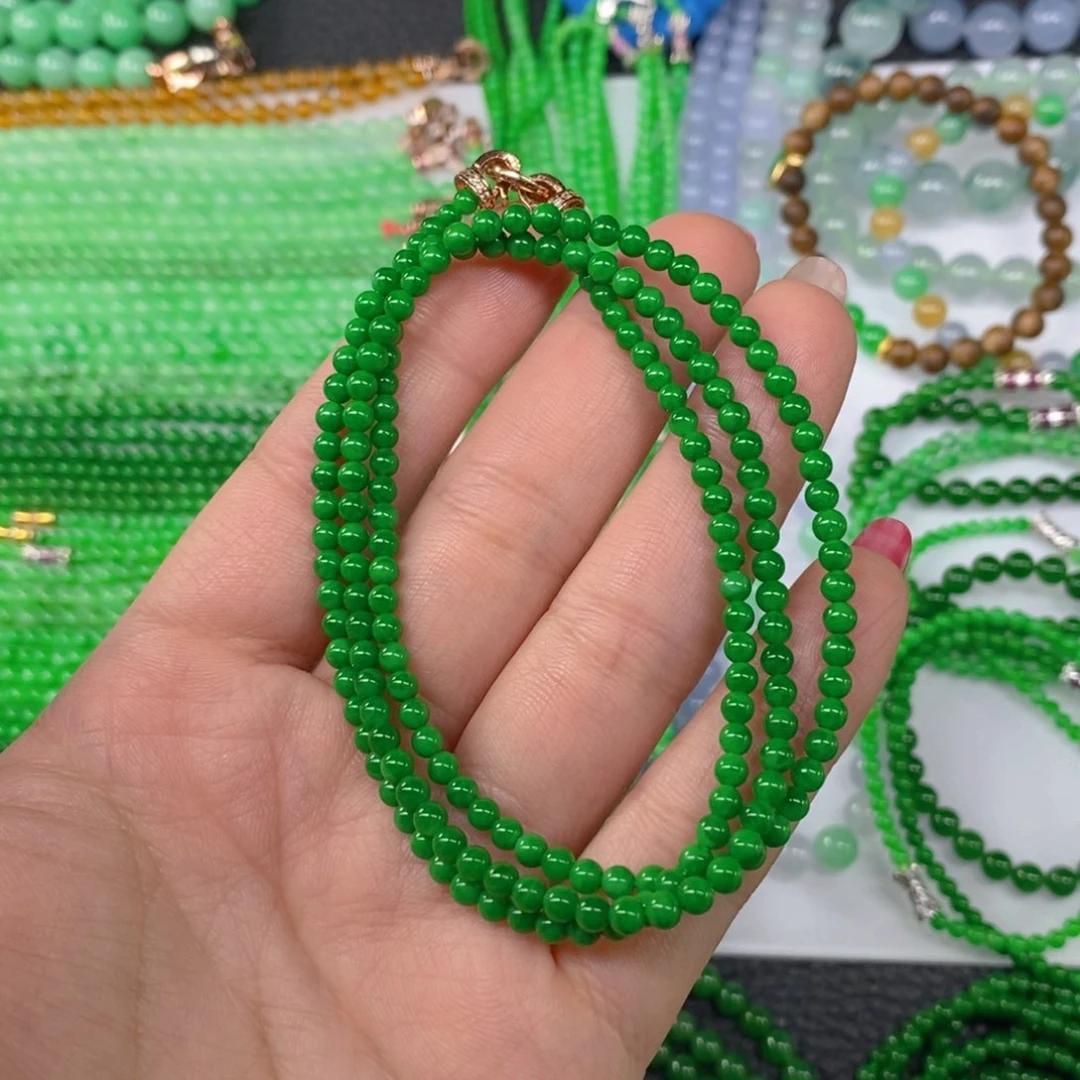颈饰未镶嵌翡翠缅甸天然翡翠浓阳绿小米珠塔链3.3，3.7