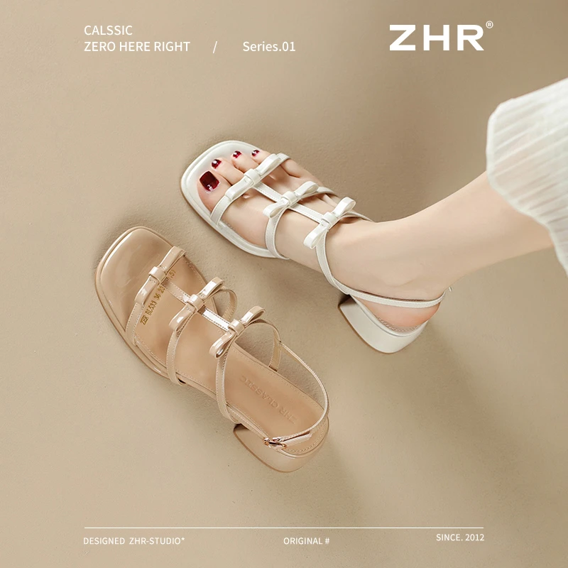 ZHR/则则法式粗跟凉鞋女2025新款夏季配裙蝴蝶时装鞋罗马风沙滩鞋