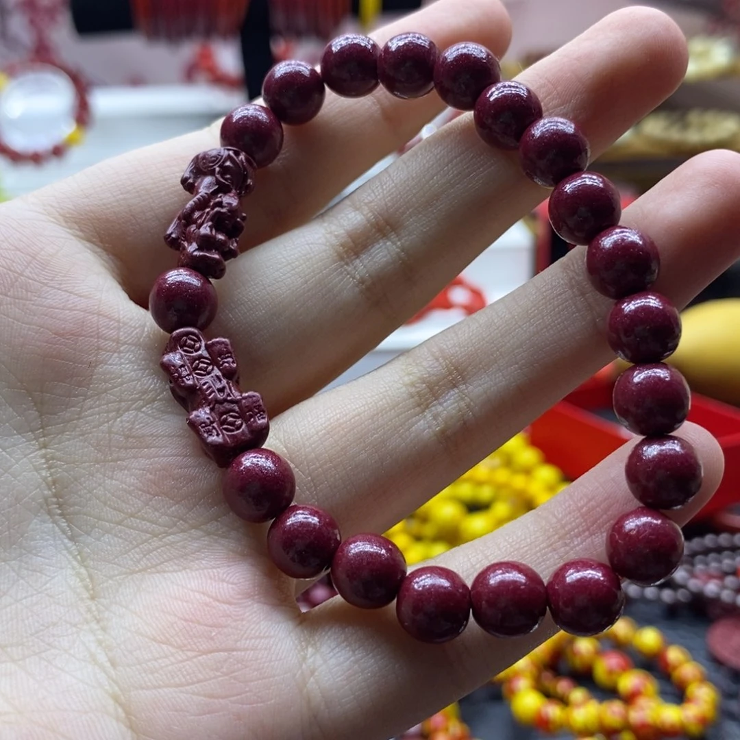 天然辰砂紫金砂双貔貅8mm