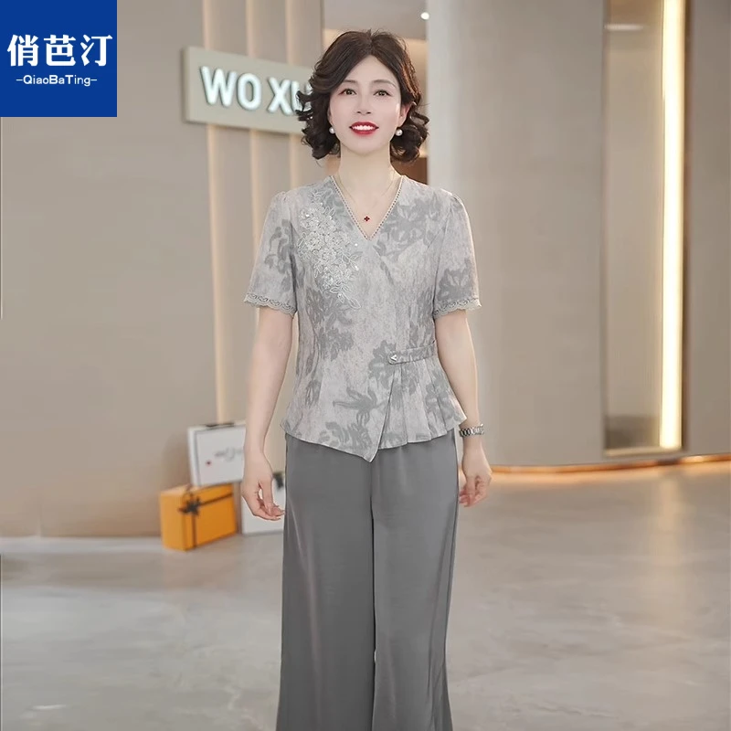 妈妈装夏装短袖小衫洋气套装新款中老年夏季时尚t恤上衣两件套女