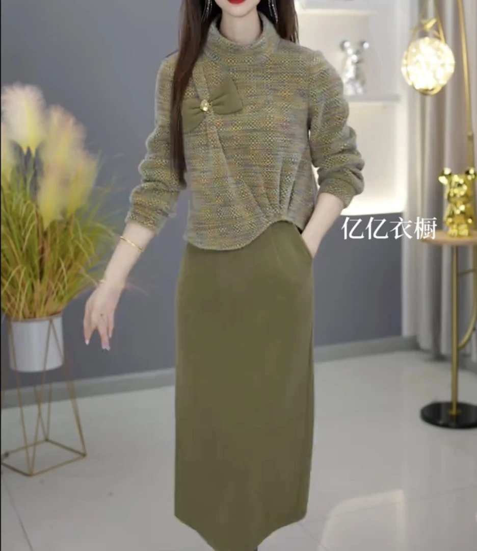 【半身裙+上衣】A1026绿色套装优雅气质时尚减龄显瘦秋冬设计感