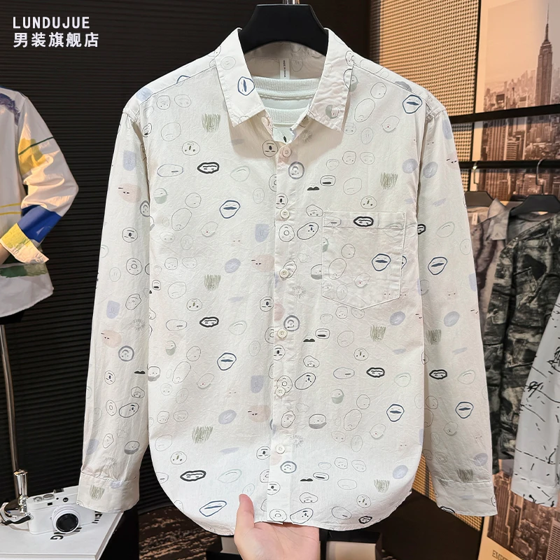 潮牌卡通印花清新长袖衬衫男士秋季潮流时尚百搭帅气休闲宽松衬衣