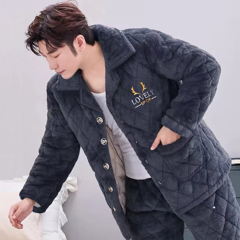 男士睡衣男2024年新款秋冬款珊瑚绒加绒加厚冬季三层加棉家居服