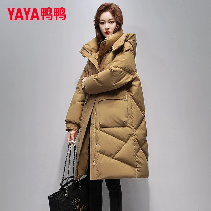 YAYA/鸭鸭羽绒服女冬季2024年连帽长款羽绒服时尚加厚保暖外套
