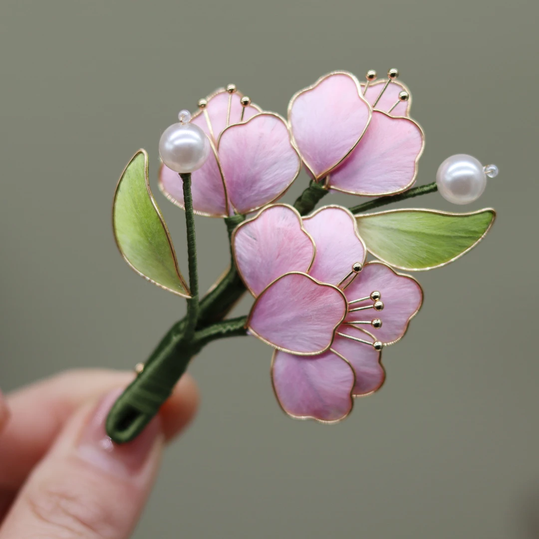 一捧  粉紫色蚕丝绒花夹子非遗手工绒花头饰发夹