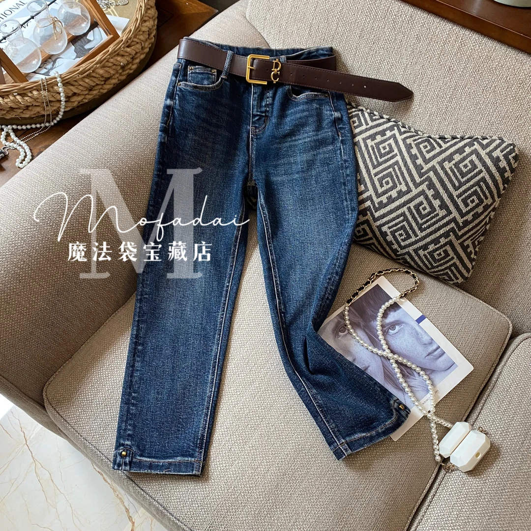 【魔法袋】蓝色小个子烟管裤秋季新款牛仔裤女修身弹力八分小直筒裤