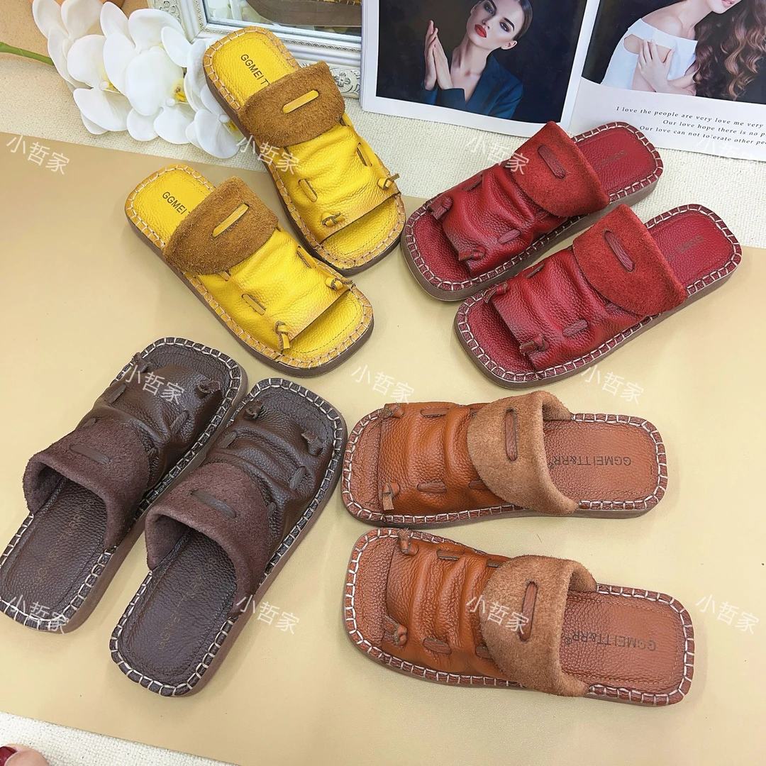 小哲家薄款休闲透气水染皮平底一字型舒适一字拖外穿女鞋26076