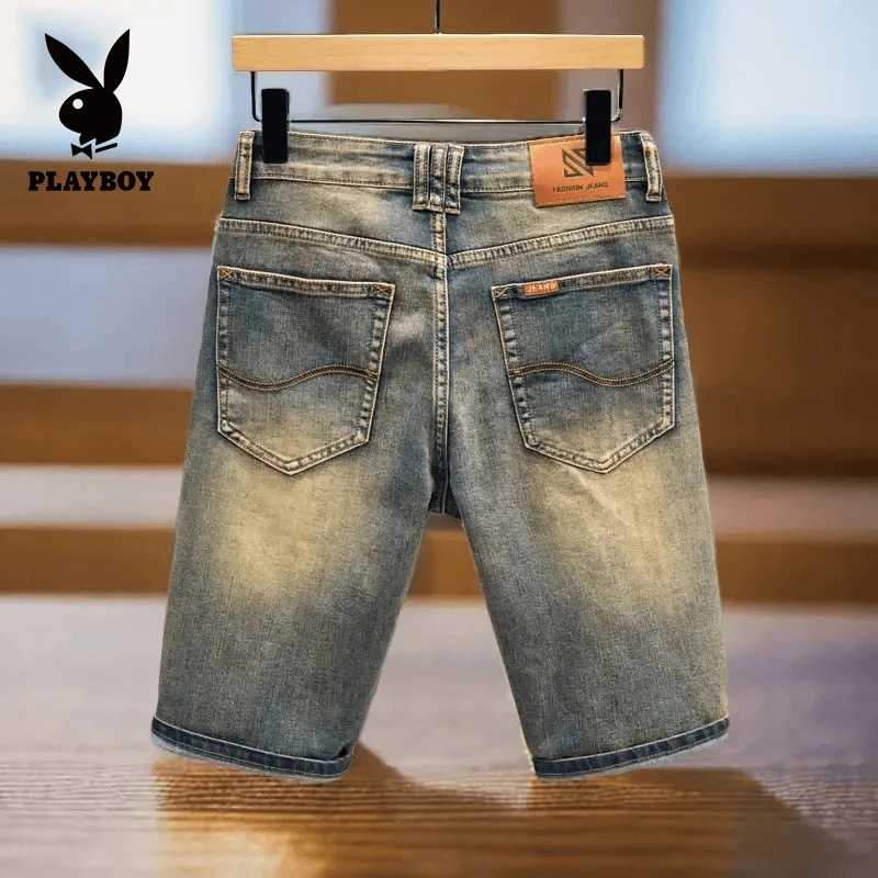 花花公子潮牌男士夏季牛仔短裤薄款百搭刺绣修身舒适直筒五分中裤