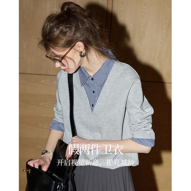 库恩玛维假两件格子拼接长袖卫衣女装2025年秋季新款通勤别致上衣
