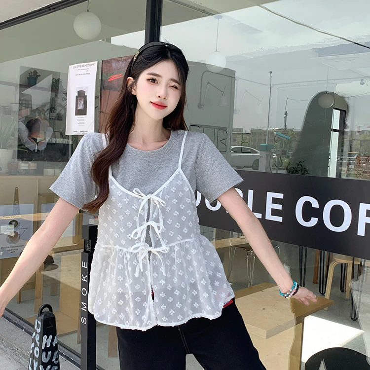 大码胖mm夏韩版正肩圆领短袖T恤波点吊带开衫两件套显瘦套装 5835