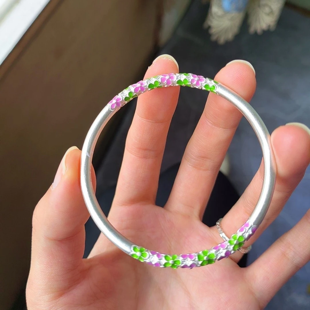 新品寒香银手镯女足银9999珐琅桃花闭口镯子国风新中式