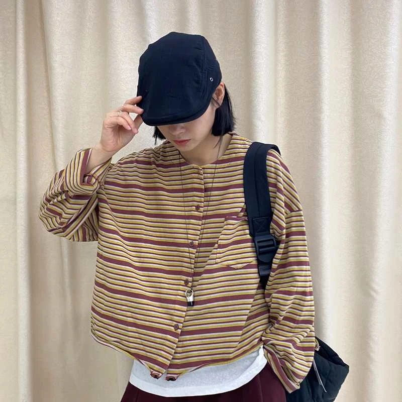 TY53221条纹外套女2025新款开衫休闲宽松圆领纯棉百搭短款复古潮