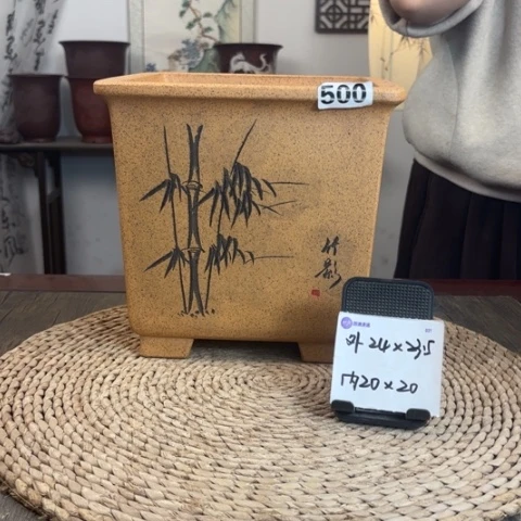 紫砂花盆柴烧刻绘大号圆角四方500