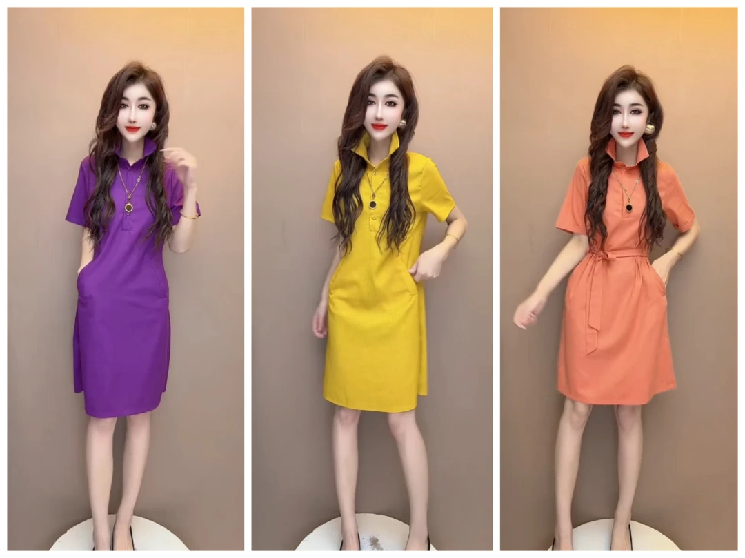 减龄纯色翻领法式收腰吸汗中长款显瘦气质拼接女装宽松连衣裙夏季