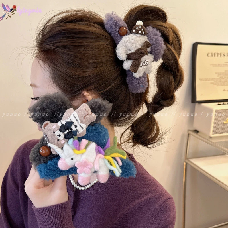 韩系秋冬甜美可爱卡通毛绒大号抓夹后脑勺盘发半扎发夹鲨鱼夹发饰