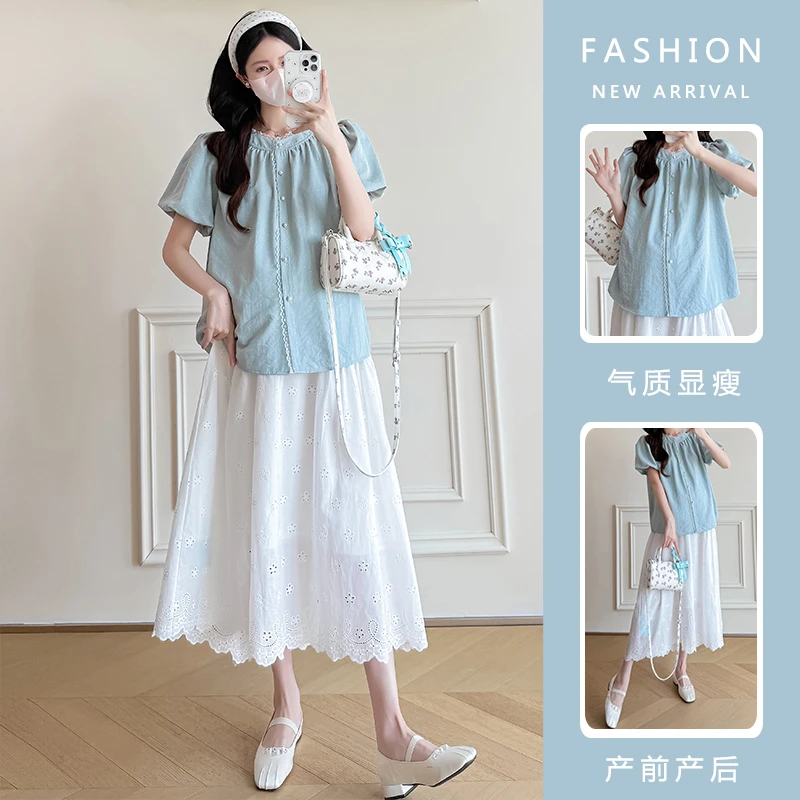 孕妇装2025夏季新款蓝色蕾丝花边波点上衣＋棉麻绣花孕期半身裙