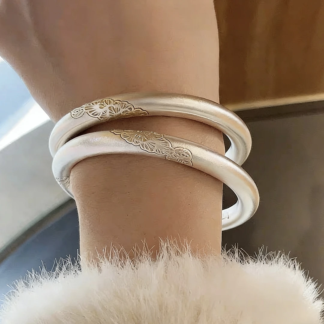 足银手镯 足银999.9描金金枝玉叶繁花似锦闭口手镯M78