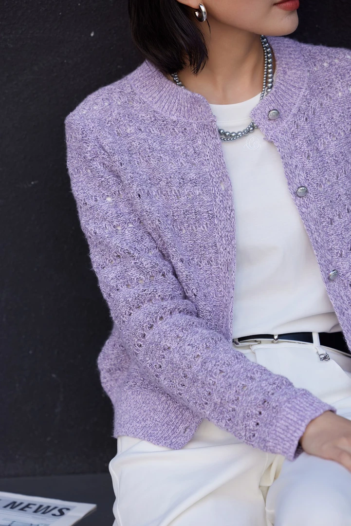 镂空秋冬春秋春季宽松型毛针织衫宽松粗花呢休闲短款开衫圆领