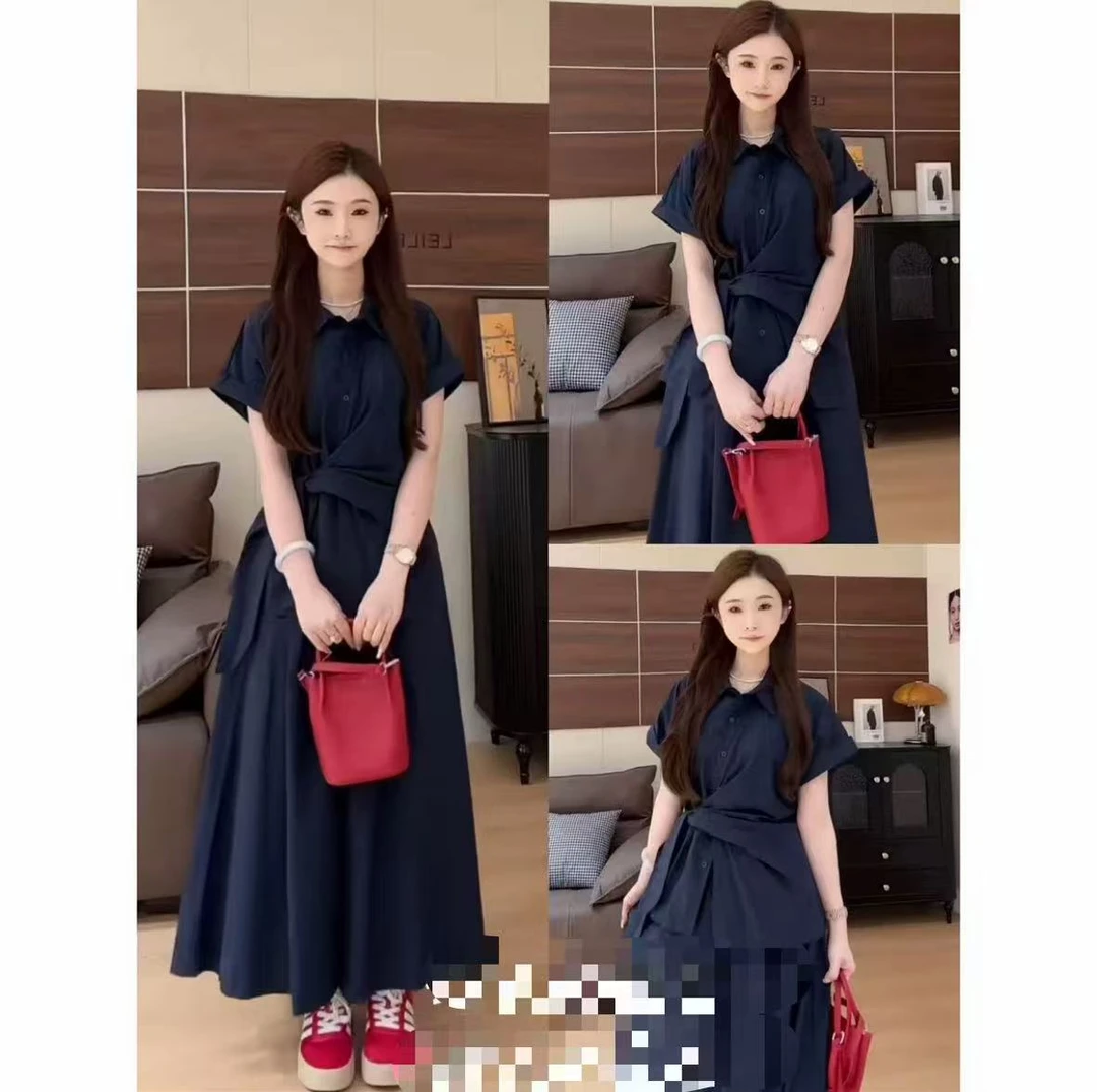 法式气质韩系女夏季小众减龄收腰系带衬衫显瘦百搭半身裙套装