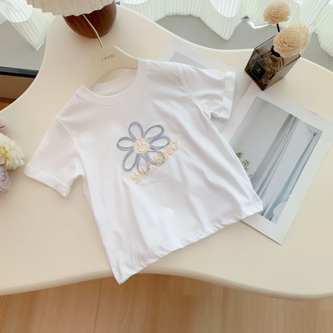 2025夏季新款甜美白色笑脸花朵短袖T N-65145女童上衣