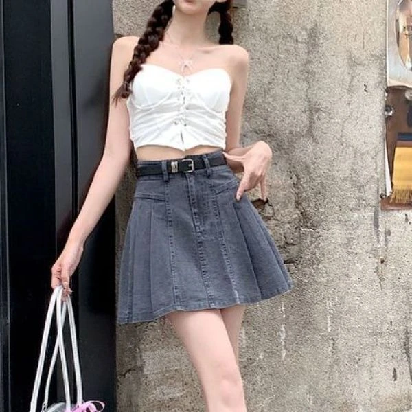 时髦洋气百褶高腰夏季2025年新款韩版百搭辣妹A字牛仔短裙送腰带