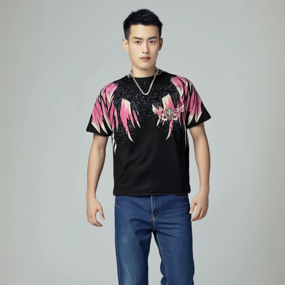 夏季品质潮流半袖男装个性时尚运动休闲宽松透气烫钻圆领短袖T恤