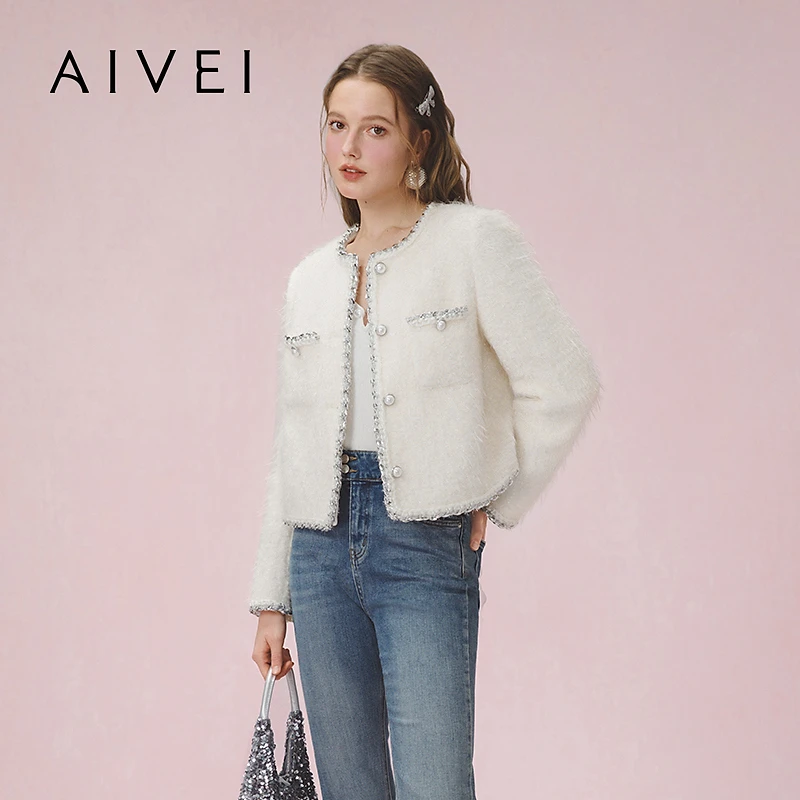 AIVEI欣贺艾薇2025春季名媛千金通勤风毛绒感小香风外套S716103A
