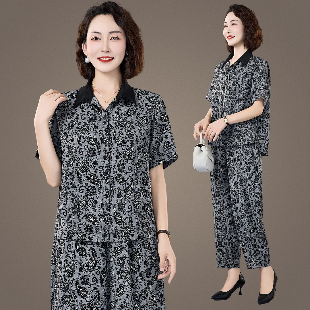 恩狐中老年女妈妈短袖开衫套装时尚宽松中老年女装气质衬衫两件套