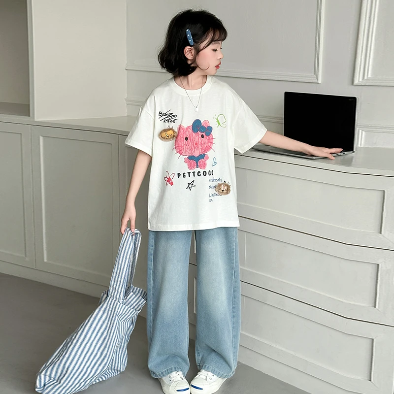 女童夏季短袖套装儿童薄款牛仔裤2025新款中大童洋气韩版休闲夏装