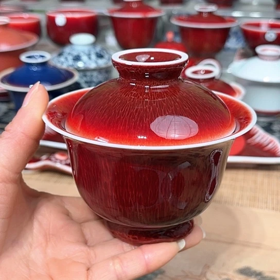 景德镇陶瓷红马坊盖碗