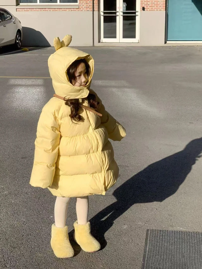 壹妈韩范童装女童时尚外套秋冬新款洋气女宝可爱黄色连帽保暖棉服