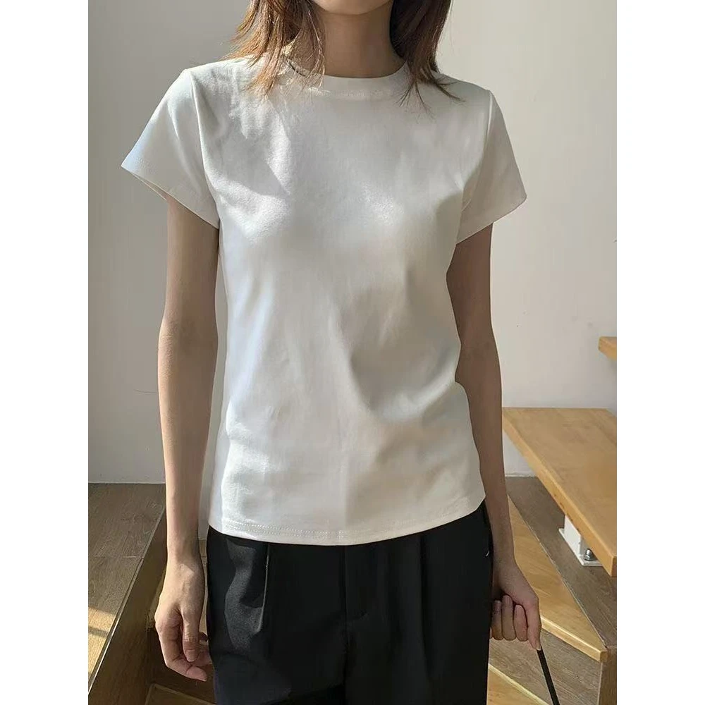 220克氨纶纱女士修腰正肩圆领短袖T恤