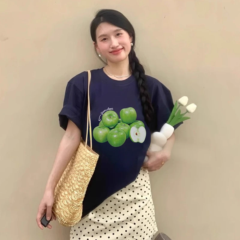 100%纯棉气质时尚复古圆领上衣宽松版小众印花深蓝色短袖T恤衫女