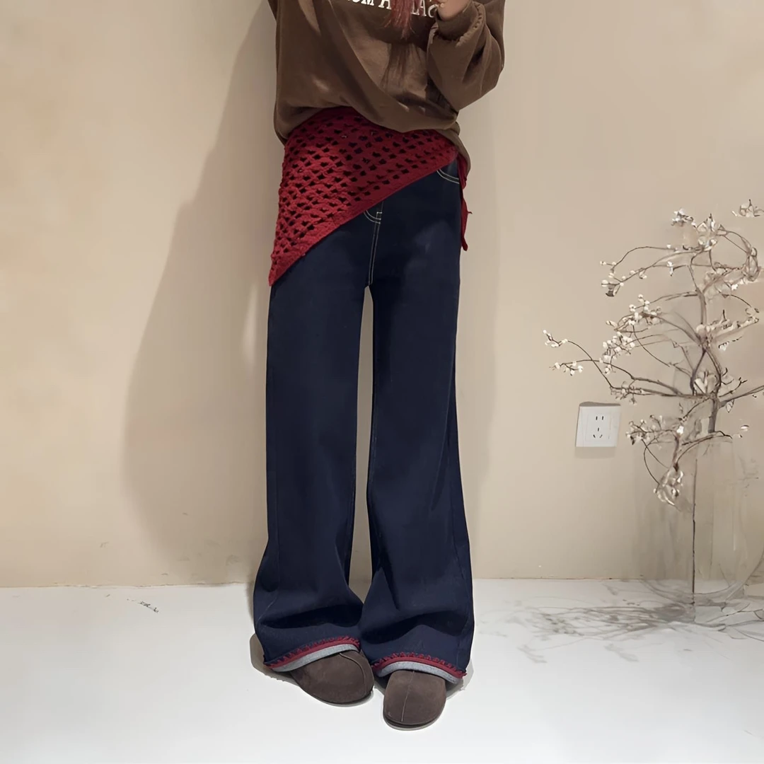 &苏珊&2025新款秋款9103红色花边屁帘加绒直筒牛仔裤