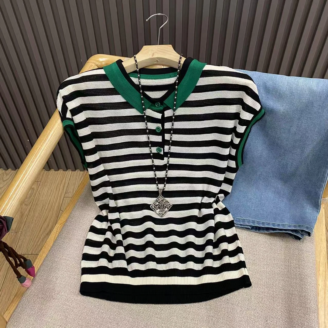 翻领拼色条纹天丝短袖针织衫套头薄款撞色显瘦针织T恤女Z5127