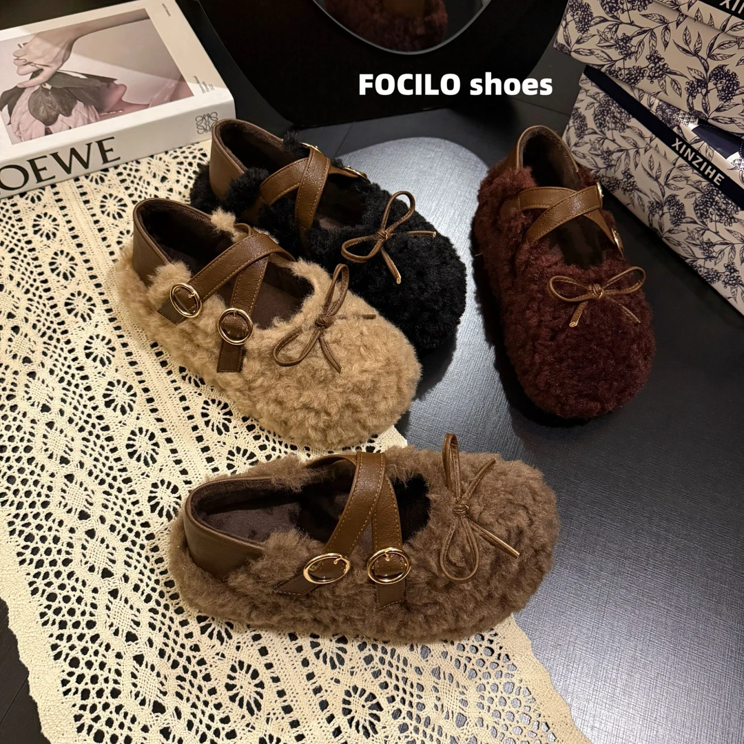 浅口防滑蝴蝶结厚底棉鞋毛毛鞋保暖百搭一脚蹬复古踩脚两穿豆豆鞋