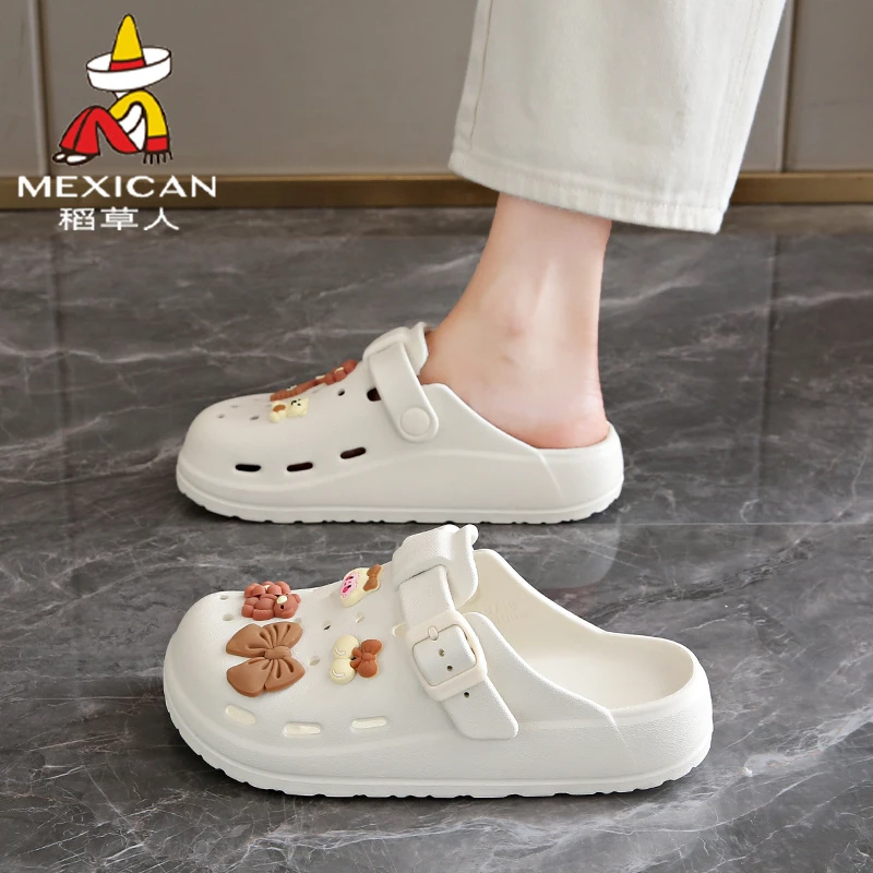 稻草人洞洞鞋女款2025夏季卡通时尚高级感休闲包头拖鞋踩屎感凉鞋