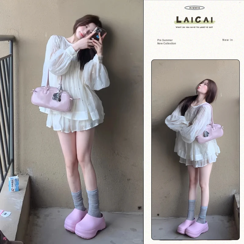 夏日超仙圆领亮片压褶灯笼袖衬衫上衣百搭高腰短裙漂亮半身裙套装