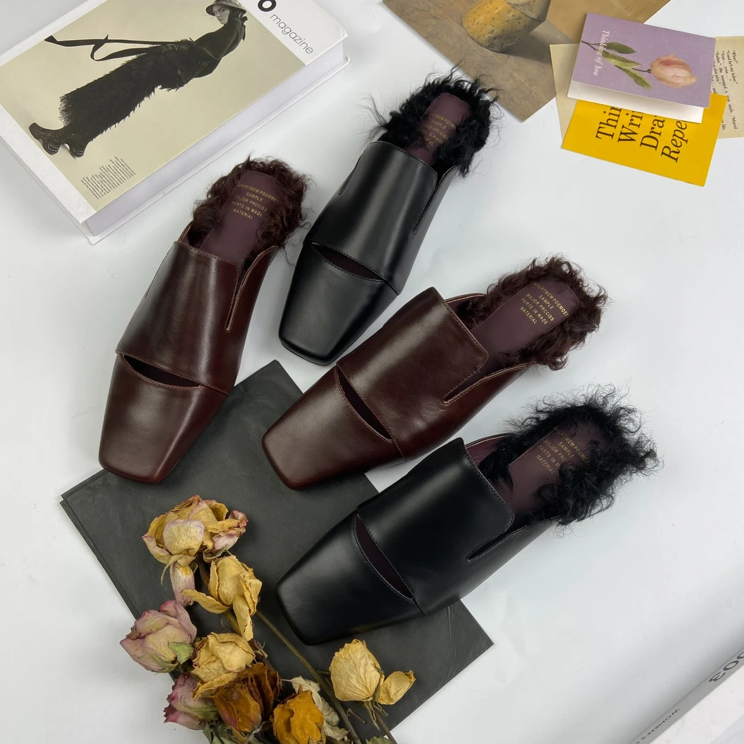 头层牛皮2025春季新款复古包头拖女鞋平底方头穆勒鞋半拖鞋凉拖鞋