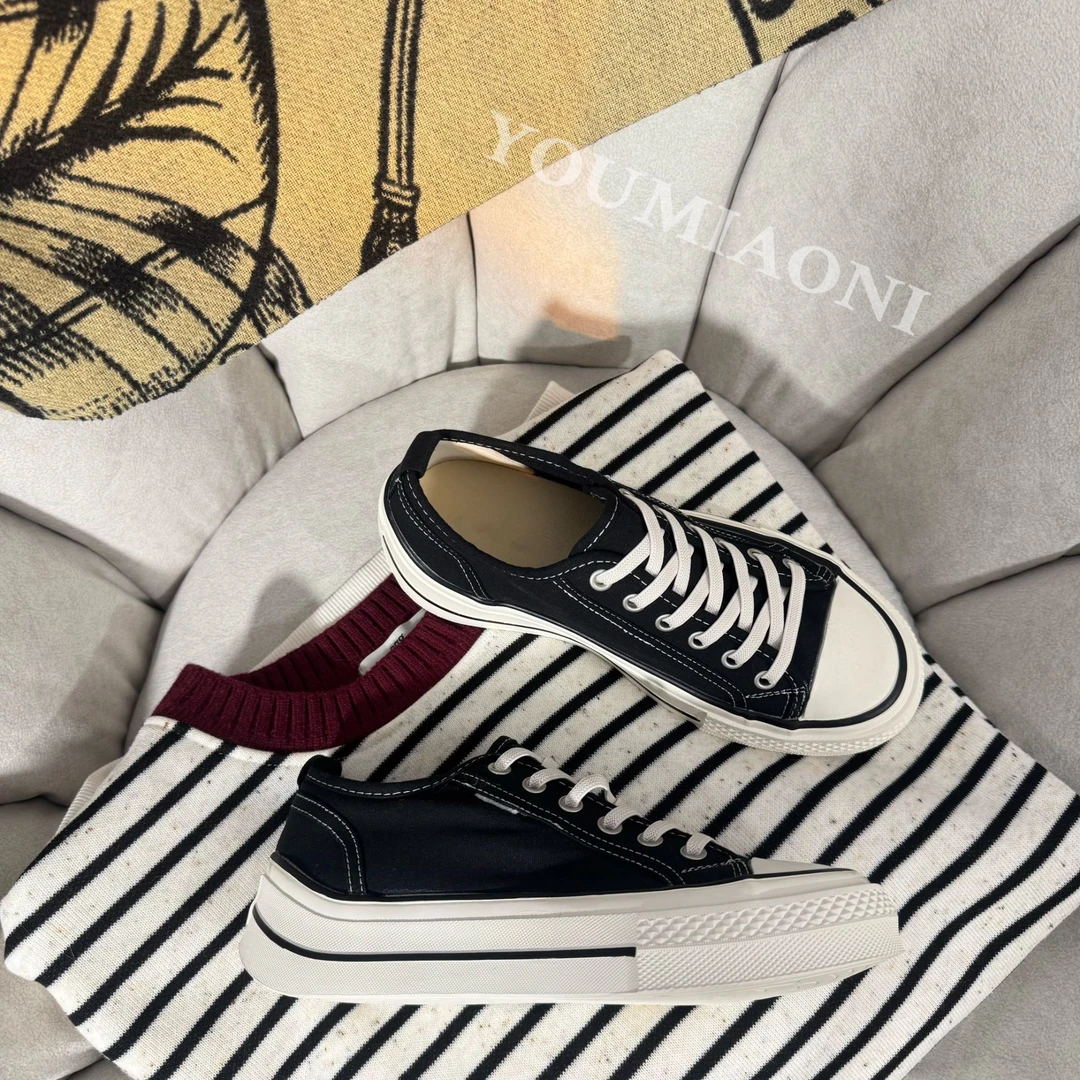 YOUMIAONI黑白帆布鞋夏季百搭圆头低帮春饼干鞋一脚蹬韩版女鞋