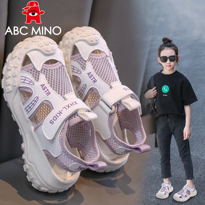 ABC MINO女童2025夏季新款透气网面运动鞋框子鞋中大童防踢溯溪鞋