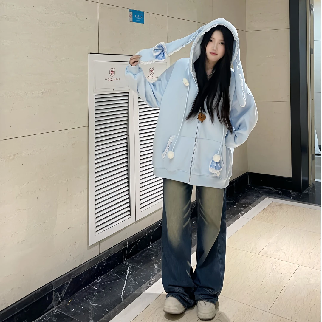 2025韩系蕾丝兔耳连帽卫衣外套加绒新款休闲甜美慵懒风显瘦开衫