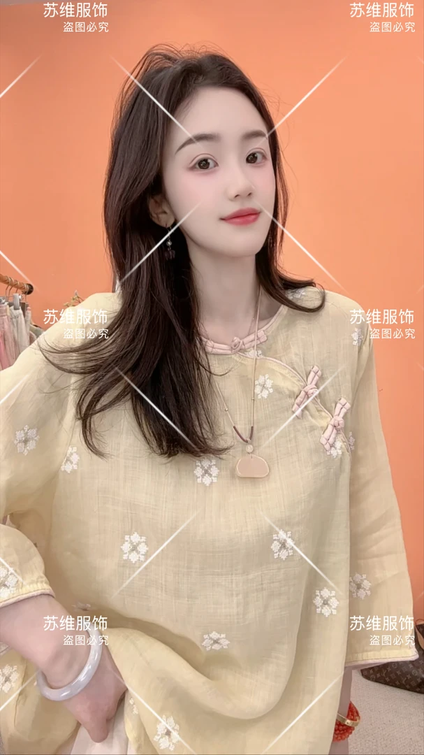 夏季斜襟盘扣时尚刺绣苎麻文艺女衬衫宽松百搭上衣