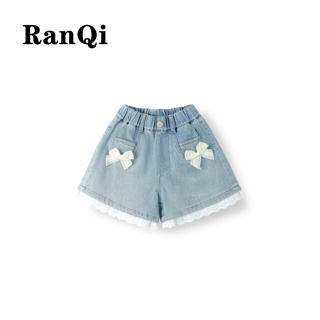 女童牛仔短裤夏款2025夏季新款裤边蝴蝶结中大童百搭牛仔短裤A059