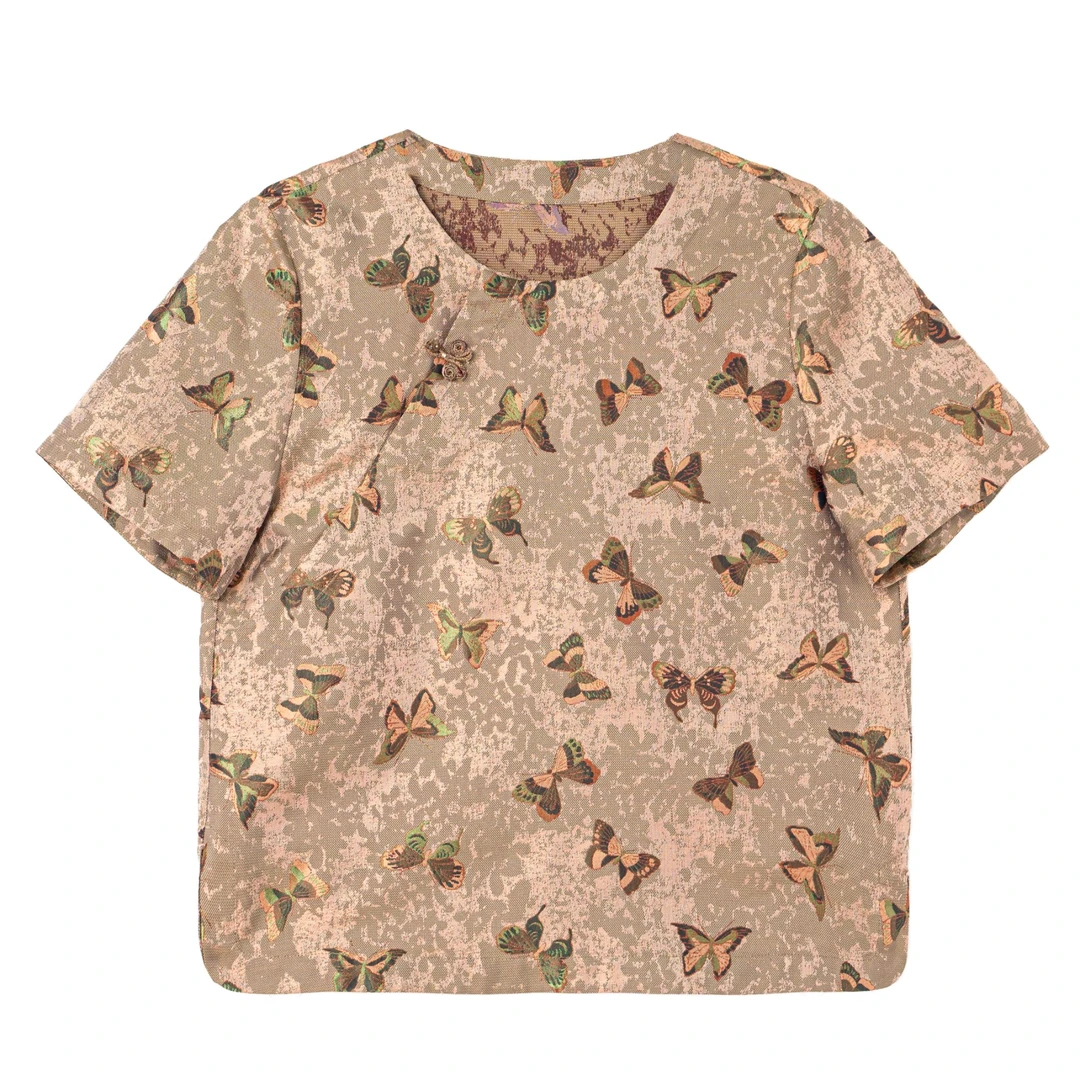 【雨珂】新中式桑蚕丝蜀罗彩蝶漫舞提花圆领宽松短袖上衣B517103