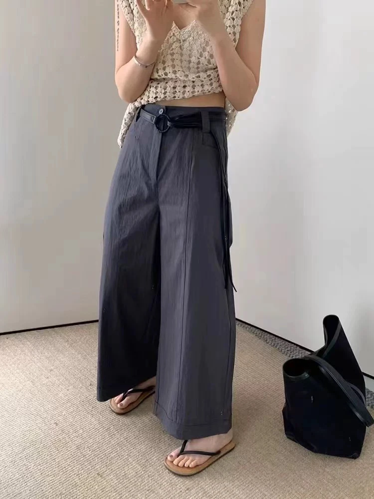 小清家）夏季新款高腰显瘦百搭腰带阔腿裤9分裤