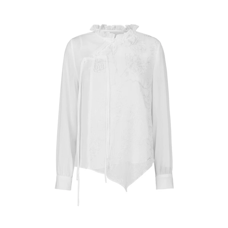 【粉丝专享】圣迪奥女装轻奢时尚百搭提花白色长袖春秋中式风上衣