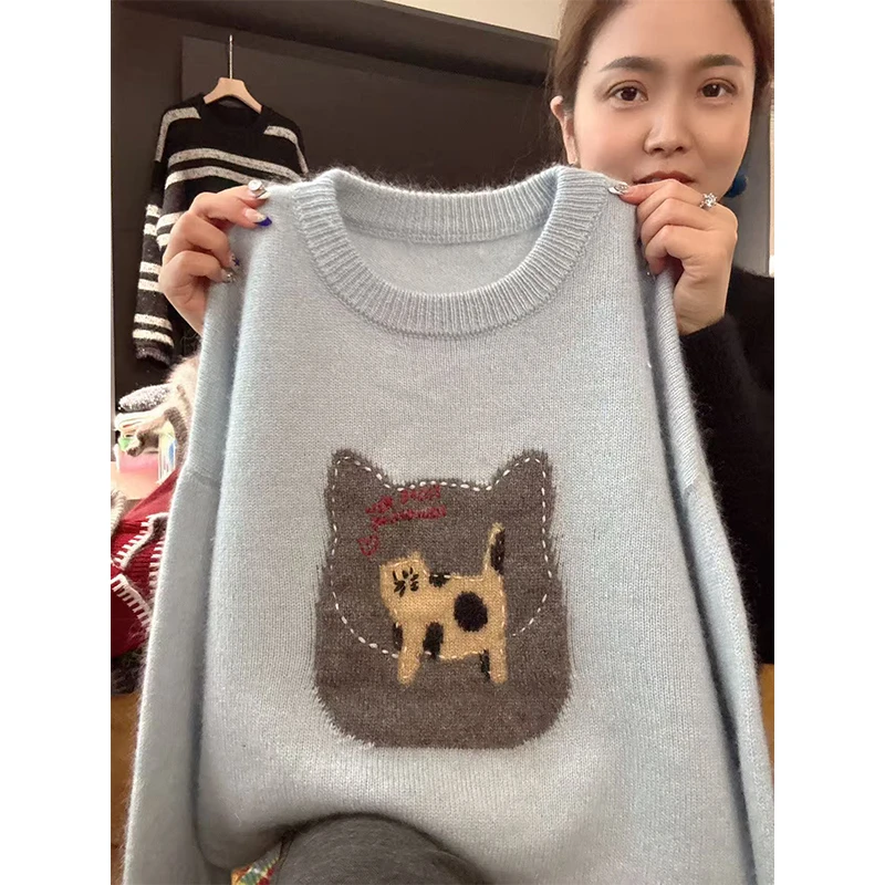 哈基米」软糯亲肤~冬季圆领卡通猫咪提花针织套头时尚毛衣-5690
