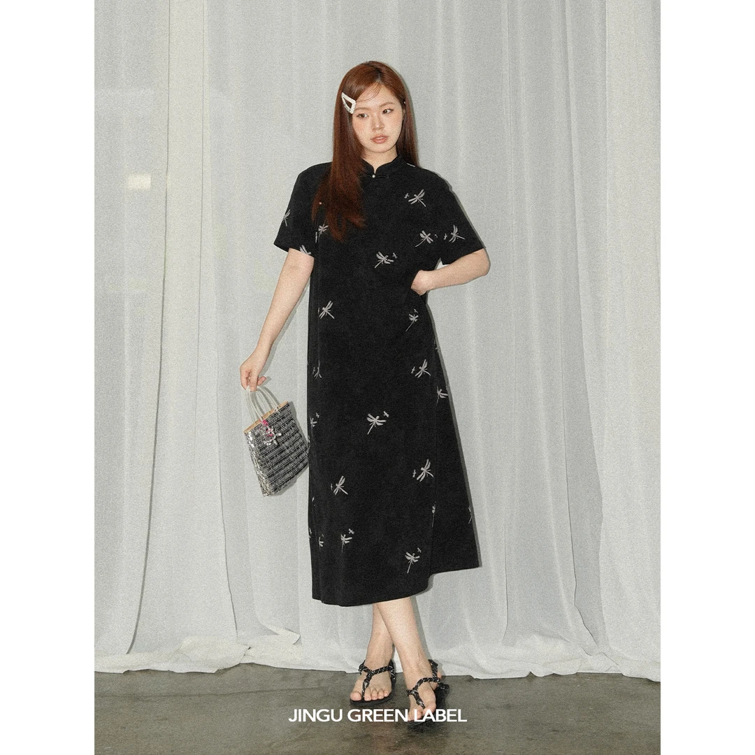 晶咕绿标JINGU【静山蜓】别致小蜻蜓图案短袖旗袍连衣裙长短版本夏